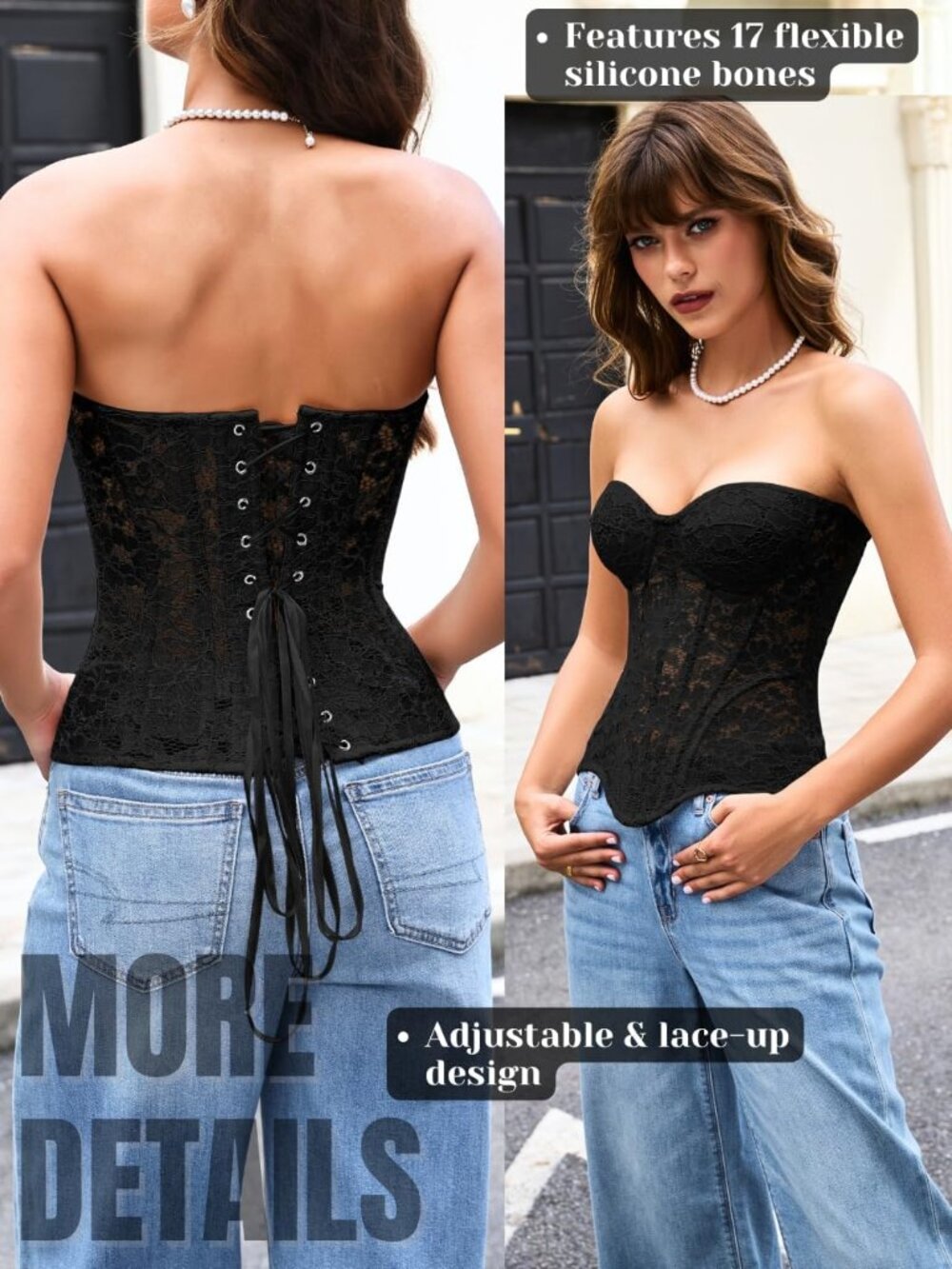 Women's French Romance Corsets, Sheer Floral Lace Fits 0-8, Push-Up Bustier with - Picture 3 of 7
